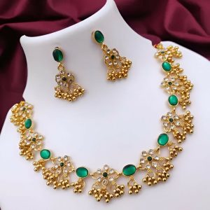 Elegant Gold-Plated Green Stone & Pearl Bridal Jewelry Set with Necklace, Earrings