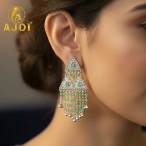 Mint Green Luxe Layered Designer Earrings with Elegant Drop and Stone Accents