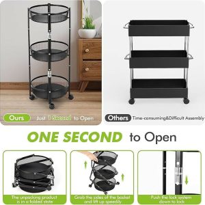 Collapsible 3-Tier Kitchen Trolley with Wheels | Foldable Metal Mesh Storage Rack | Heavy-Duty Vegetable & Fruit Basket Stand | Multipurpose Utility Cart for Home & Office