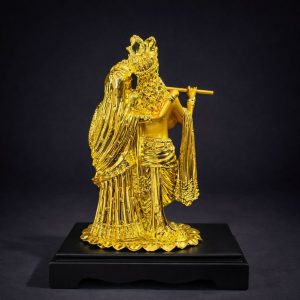 Radha Krishna Golden Idol Flute Statue for Home Temple Decor