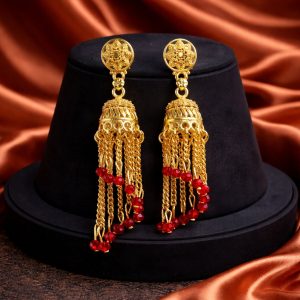 Traditional Gold Tone Chain Tassel Jhumka Earrings with Red Beads Long Ethnic Dangle Earrings for Women