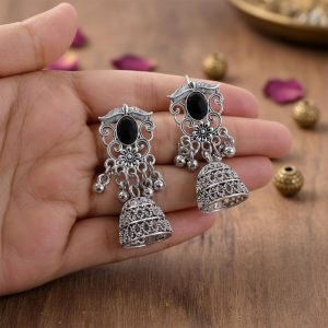German Silver Jhumka Earrings with Black Monalisa Stones