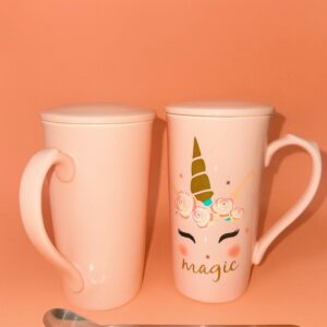 Premium Unicorn Printed Ceramic Mug With Golden Lid & Spoon | Cute Pink Coffee Mug With Lid For Girls, Office & Home Use | 400ml Large Capacity Tea Cup | Gift For Birthday, Kids, Women, Magic Unicorn Printed Cup (Pack of 1)