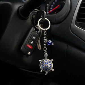 Turtle Evil Eye Keychain with Blue Stones for Car Keys, Bags & Gifting