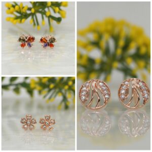 3-Pair Rose Gold Stud Earring Set - Flower, Swirl, Butterfly for women and girls Combo Pack of 3