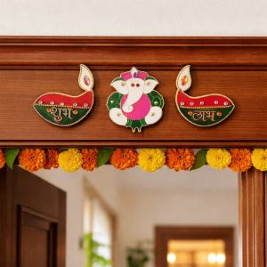 Acrylic Meenakari Diya Ganesh Shubh Labh Door Hanging – Set of 3