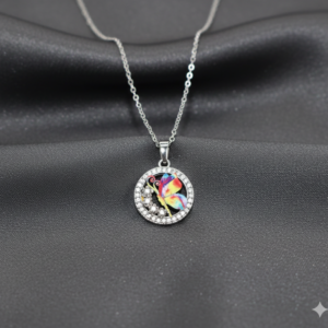 Rainbow Enamel Butterfly Circle AD Halo Pendant Necklace For women and girls