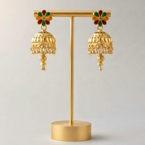 Floral Enamel Gold-Plated Jhumka Earrings, new design earrings, trendy earrings, earrings for women and girls, traditional earrings, multy color earrings