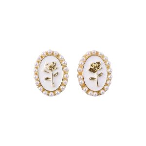 Elegant Vintage Rose Oval Pearl Stud Earrings for Women | Gold Plated Classic Floral Design | Korean Style Jewelry