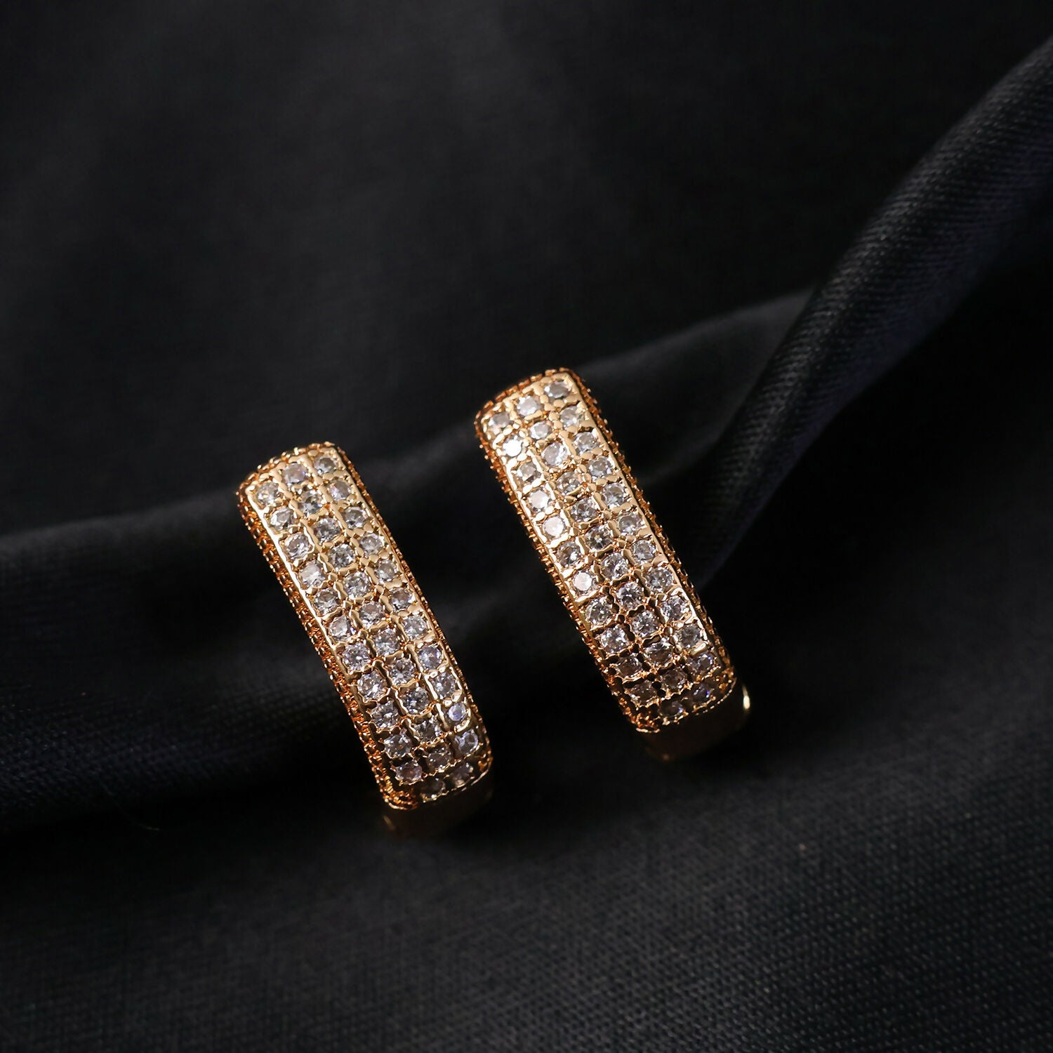 Crystal Studded Gold-Tone Hoop Earrings – Elegant Pave Design (1 Pair)