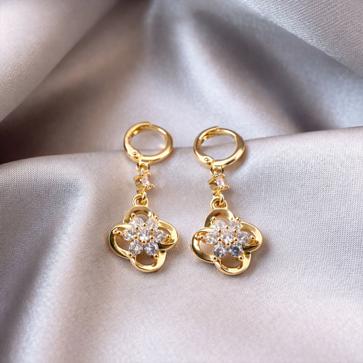 Gold-Tone Crystal Floral Drop Hoop Earrings for Women - Image 2