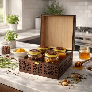 Artisanal 4-Jar Hand-Carved Wooden Gift Chest – Luxury Gourmet Storage Box