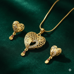 Heart Motif Gold Pendant and Earring Set Elegant Traditional Jewelry Set for Women