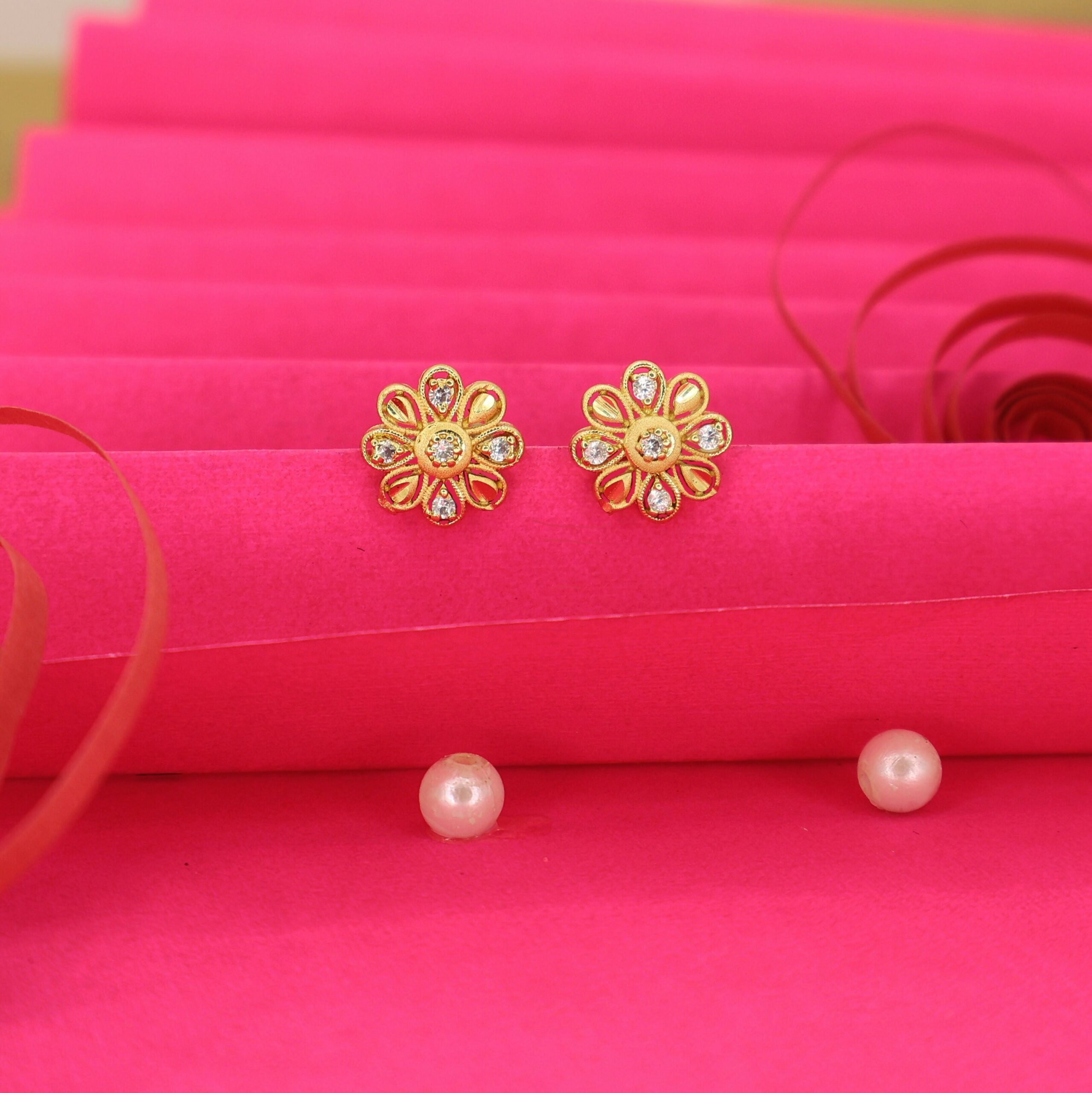 Gold Flower Stud Earrings with AD for women and girls - Image 2