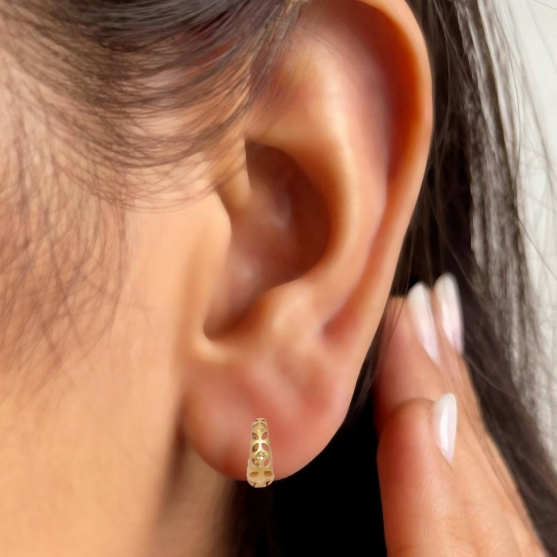 Gold Filigree Huggie Hoop Earrings with AD kan ki bali - Image 2