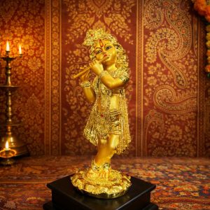 Lord Krishna Flute Idol Golden Finish Statue for Home Temple Decor