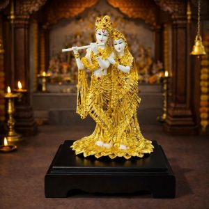 Radha Krishna Idol White and Golden Finish Statue for Home Temple Decor