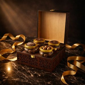 Artisanal 4-Jar Hand-Carved Wooden Gift Chest – Luxury Gourmet Storage Box