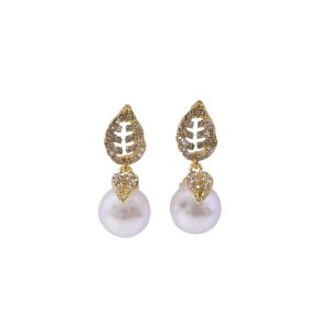 Luxury Korean Style Gold Leaf Pearl Drop Earrings for Women
