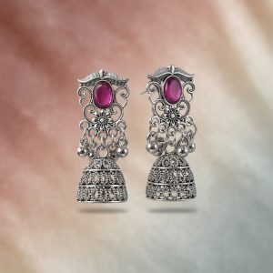 German Silver Jhumka Earrings with Red Monalisa Stones