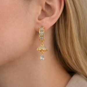 Gold-Tone Crystal Studded Huggie Drop Earrings for Women