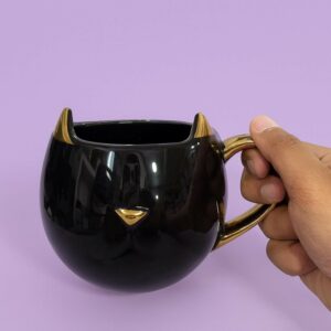 Premium Black CAT Ceramic Coffee Mug with Golden Horns & Handle – Cute Cartoon Style Large Capacity Tea Cup for Home, Office, Gifting, Hot & Cold Beverages, Unique Funky Stylish Ceramic Mug for Men Women (Pack of 1)