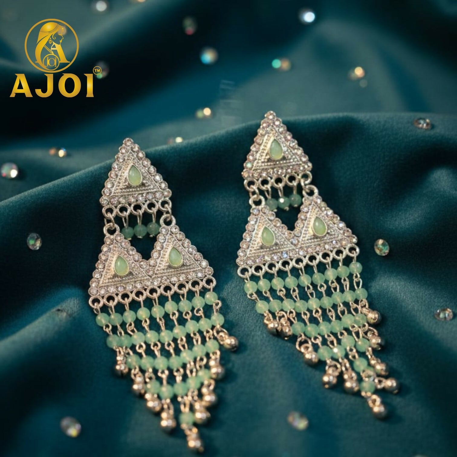 Mint Green Luxe Layered Designer Earrings with Elegant Drop and Stone Accents