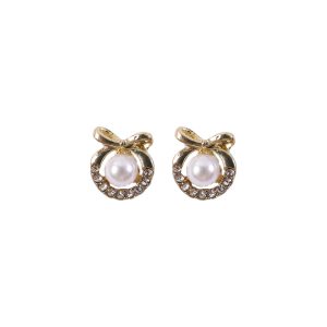 Korean Royal Bow-Knot Crystal Halo Pearl Studs For Girls And Women