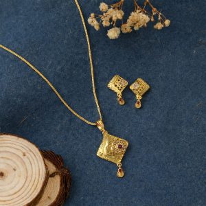 Ruby Square Gold Pendant and Earring Set Elegant Traditional Jewelry Set for Women