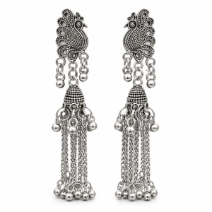 ELEGANT OXIDISED PEACOCK LONG CHAIN JHUMKA EARRINGS