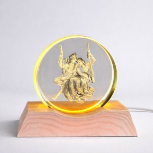 Radha Krishna Engraved Acrylic LED Night Lamp with Wooden Base for Home Decor
