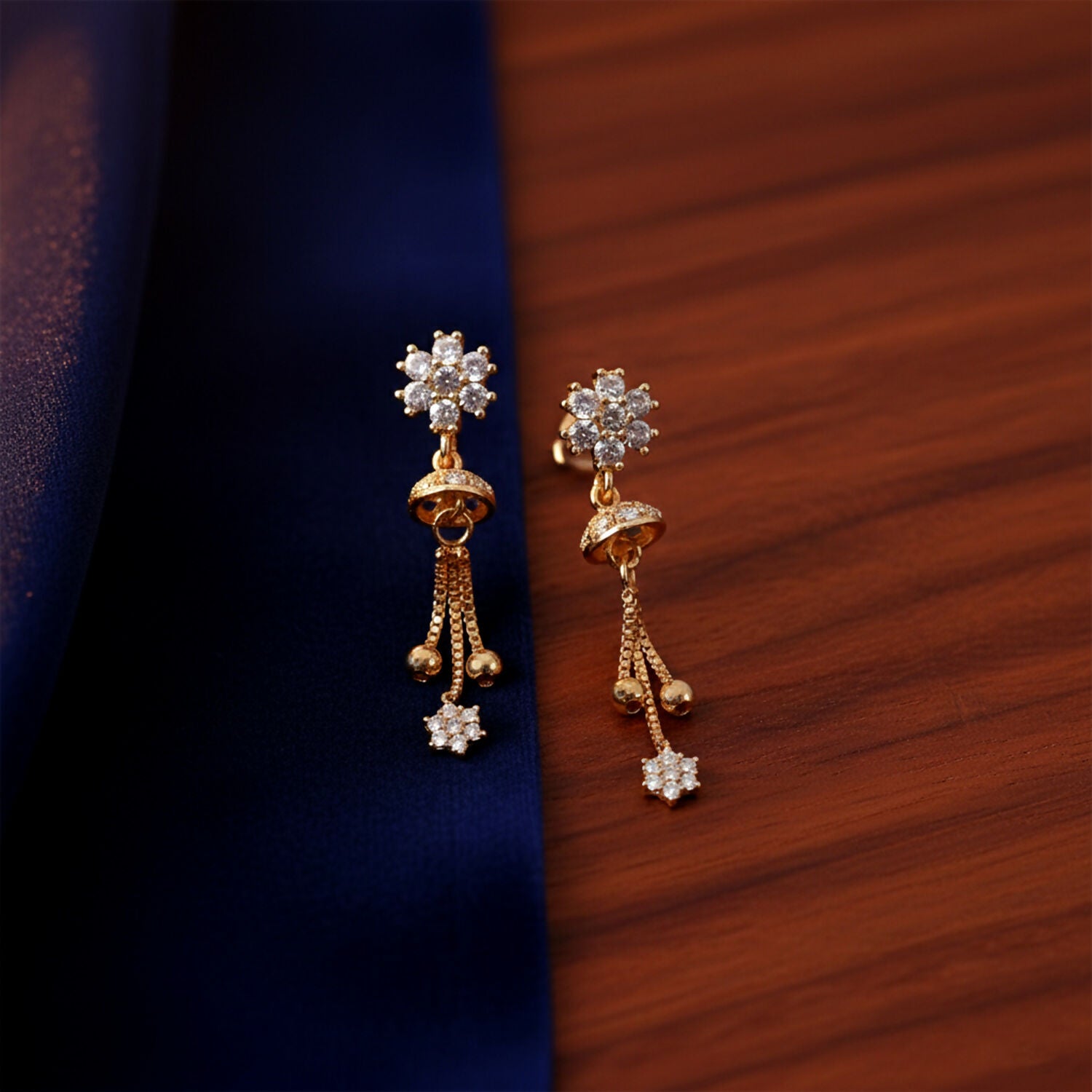 Floral Crystal Drop Earrings with Gold-Tone Chain Tassels - Image 3