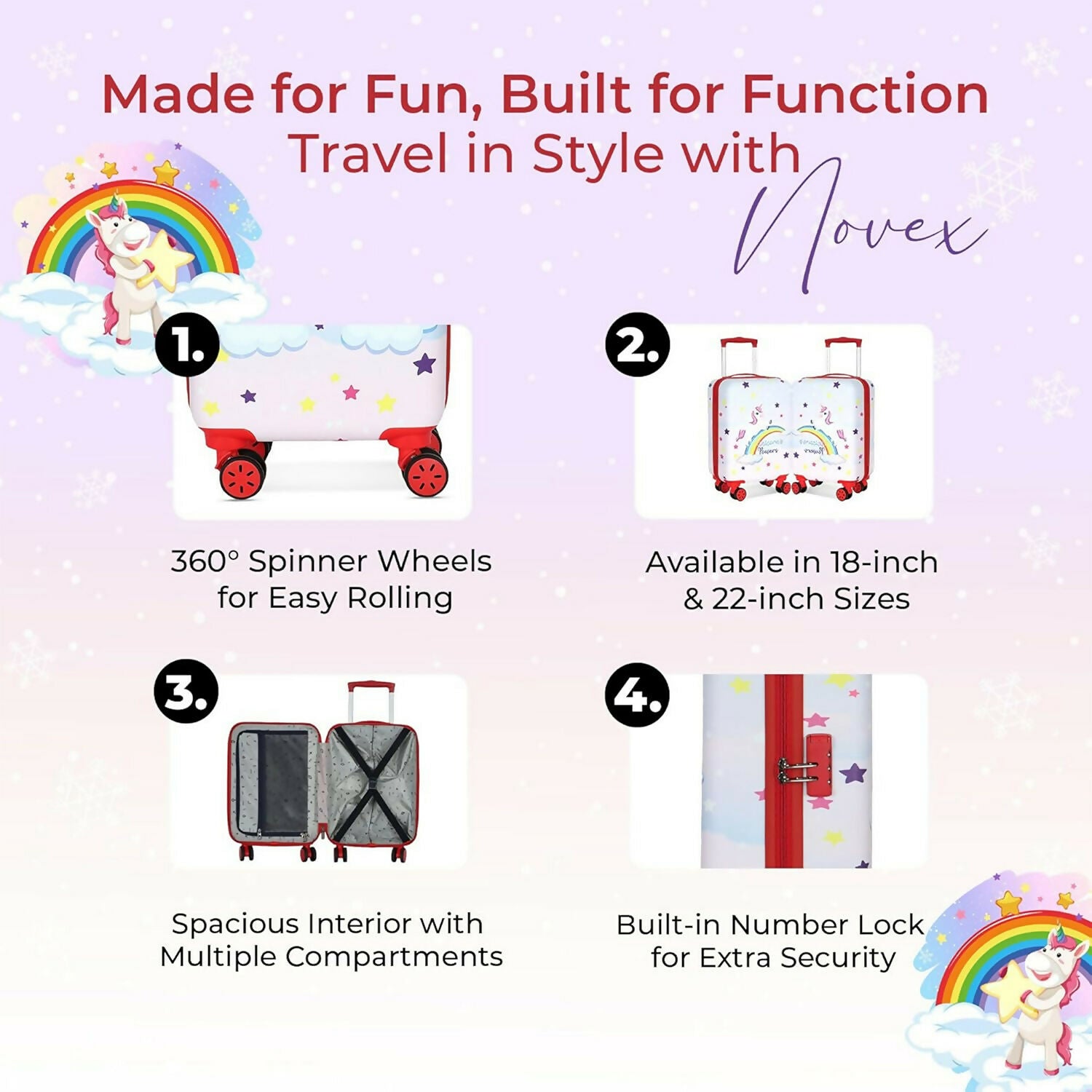 Novex Unicorn Rainbow Red Travelling Kids Trolley Bags for Girls Luggage 4 Wheels ( 18 Inch) - Image 4