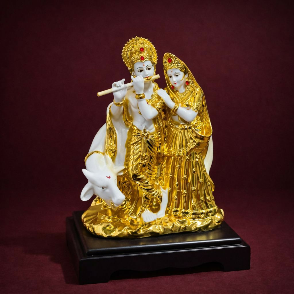 Radha Krishna with Cow Idol White and Golden Finish Statue for Home Temple Decor - Image 3