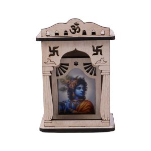 Wooden Krishna Mini Temple with Printed Image & Adhesive Base – Tabletop Mandir