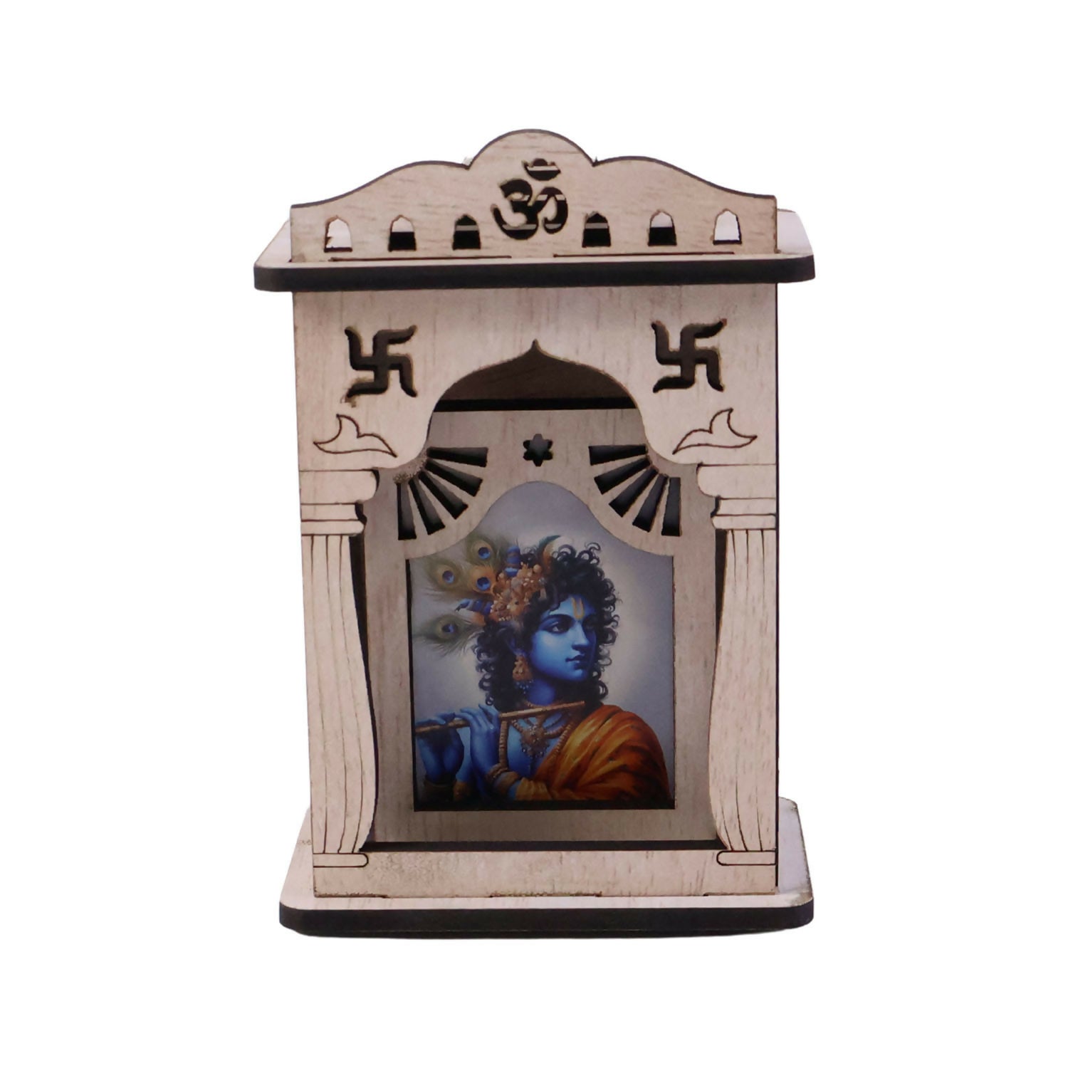 Wooden Krishna Mini Temple with Printed Image & Adhesive Base – Tabletop Mandir - Image 4