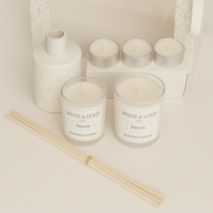 Luxury Peony Fragrance Gift Set with Scented Candle, Reed Diffuser & Tealights