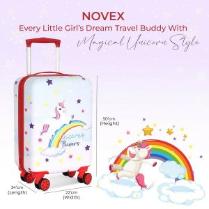 Novex Unicorn Rainbow Red Travelling Kids Trolley Bags for Girls Luggage 4 Wheels ( 22 Inch)