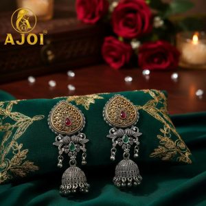 Premium Dual Tone Stone Jhumka Earrings with Elegant Traditional Detailing