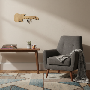 Wooden Guitar Shape Key Holder for Wall | Decorative Wooden Key Rack for Home, Office, Studio Entrance Décor