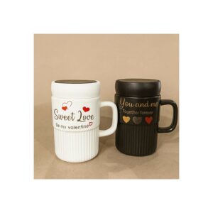 Premium Sweet Love Ceramic Mug with Lid & Spoon | Romantic Valentine Gift Cup for Couples | Leak-Resistant Lid, Large Capacity Coffee/Tea Mug | “Sweet Love” & “You & Me” Printed Heart Design | Microwave Safe | Ideal for Gifting
