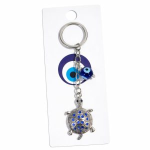 Turtle Evil Eye Keychain with Blue Stones for Car Keys, Bags & Gifting