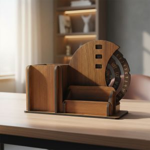 Wooden Desk Organizer Pen Stand With Rotating Calendar Wheel (1 Pc)