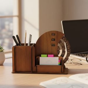 Wooden Desk Organizer Pen Stand With Rotating Calendar Wheel (1 Pc)