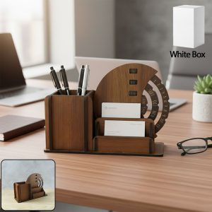 Wooden Desk Organizer Pen Stand With Rotating Calendar Wheel (1 Pc)