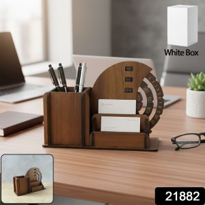 Wooden Desk Organizer Pen Stand With Rotating Calendar Wheel (1 Pc)