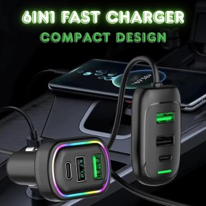 RGB Breathing Light Multi Port Car USB Charger (1 Set, 1.5M)