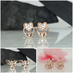 Rose Gold Plated AD Diamond Studs: Heart, Butterfly & Flower for women and girls Combo Pack of 3