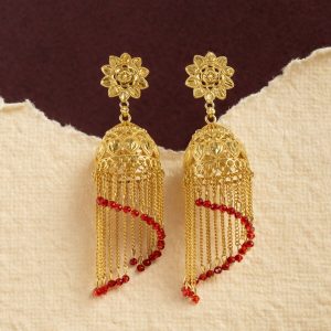 Traditional Gold Tone Double Jhumka Drop Earrings Floral Stud Ethnic Dangle Earrings for Women