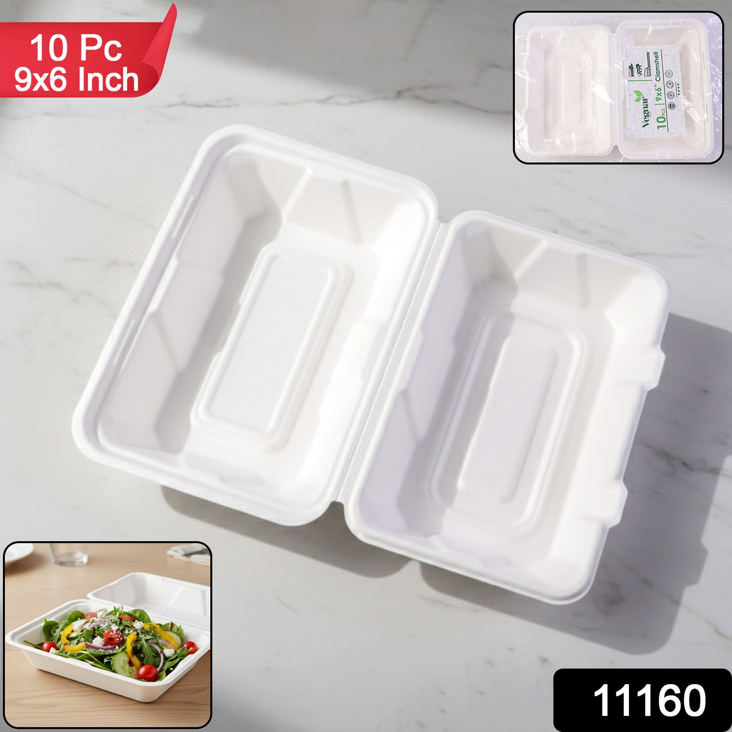 Vegnar Premium Bagasse Clamshell Food Box (10 Pc, 9x6 Inch) - Image 2